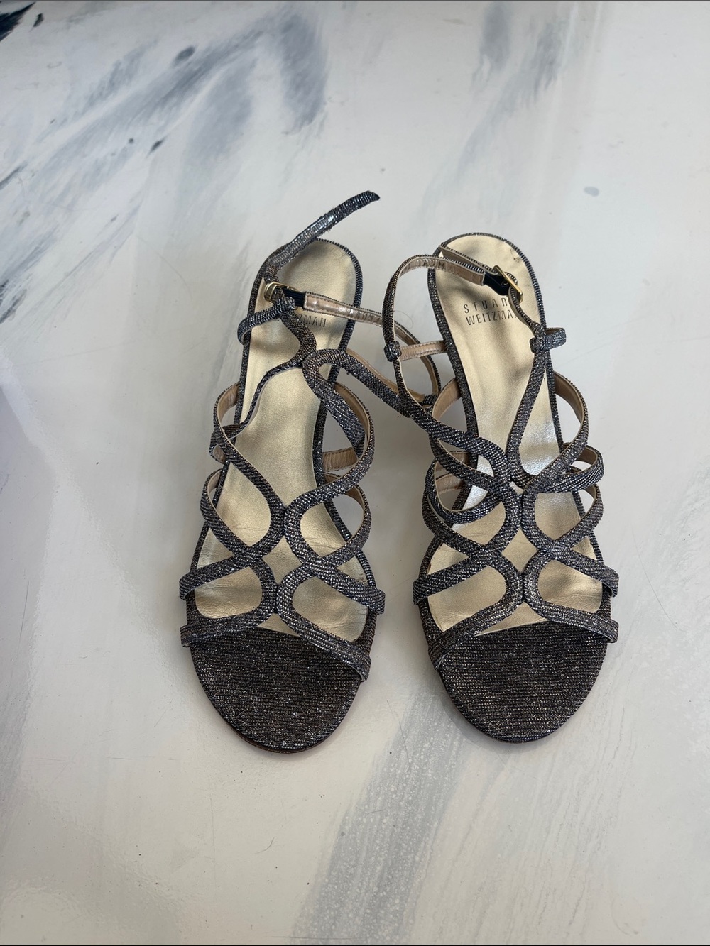 Stuart Weitzman Gunmetal Glitter Strappy Heels
